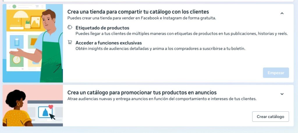 Pantalla inicial de Meta Commerce: crear tienda o crear catálogo
