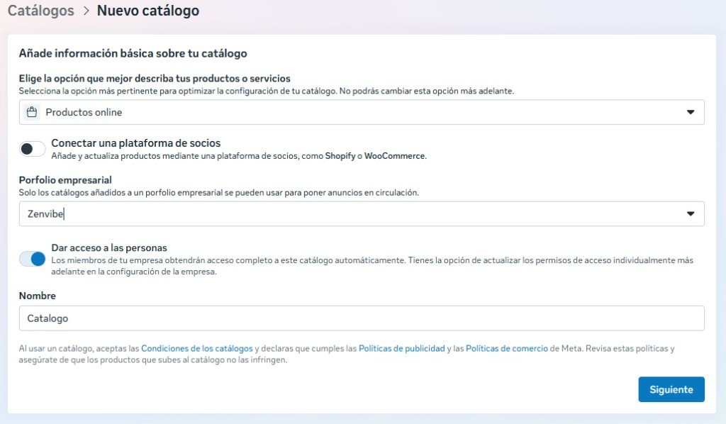 Formulario nuevo catálogo Meta: productos online y portfolio empresarial