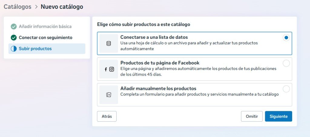 Elegir conectarse a una lista de datos en Meta Commerce