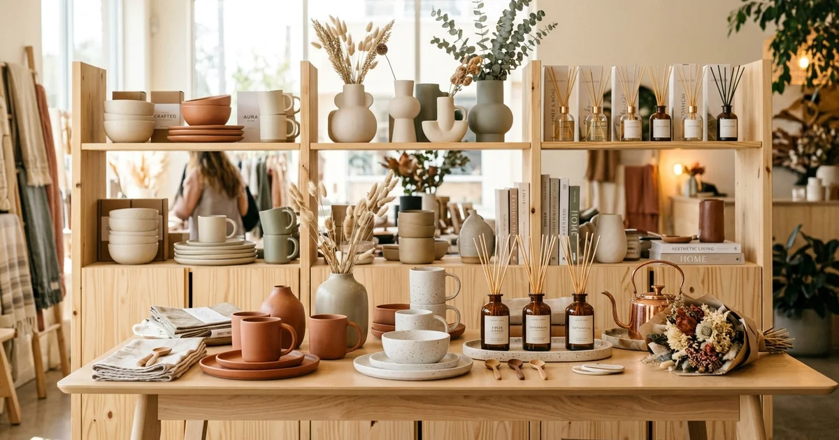 Artículos de bazar moderno, vajilla de cerámica y regalos sobre estantería de madera