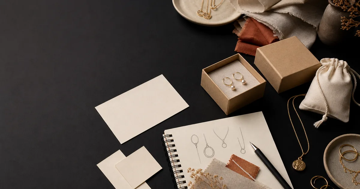 Joyas, cajas, tarjetas y bocetos para elegir el nombre de un emprendimiento de joyería