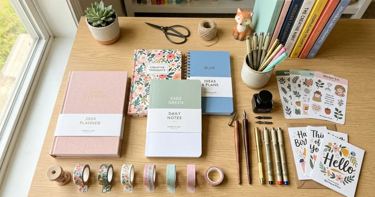 Agendas, cuadernos ilustrados, washi tapes y plumas en escritorio de papelería