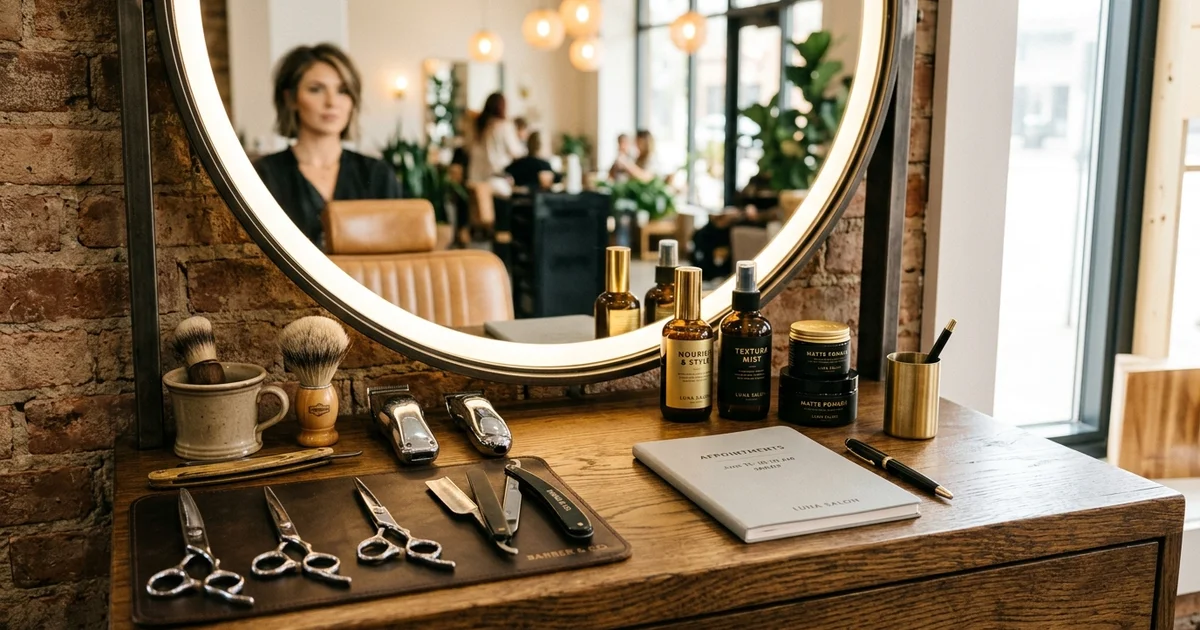 Puesto de trabajo de peluquería y barbería moderna con herramientas y agenda