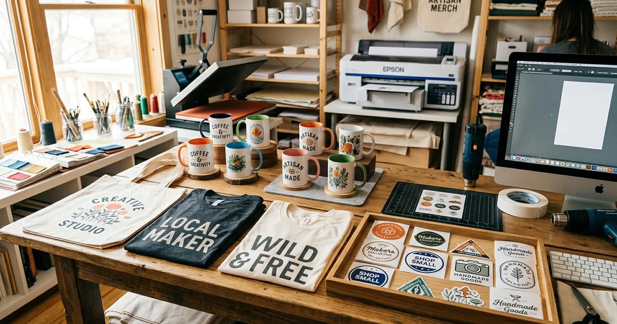 Tazas sublimadas, remeras estampadas y stickers personalizados en mesa de trabajo