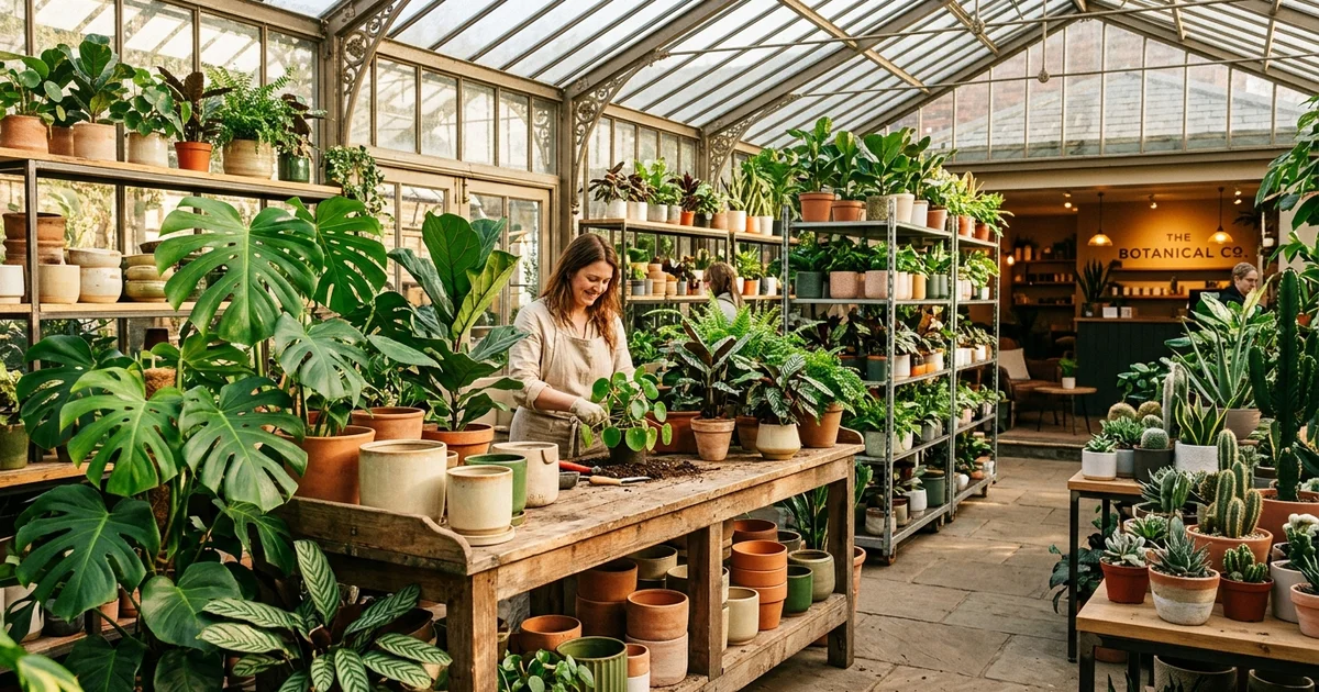 Plantas de interior, suculentas y macetas de terracota en invernadero luminoso