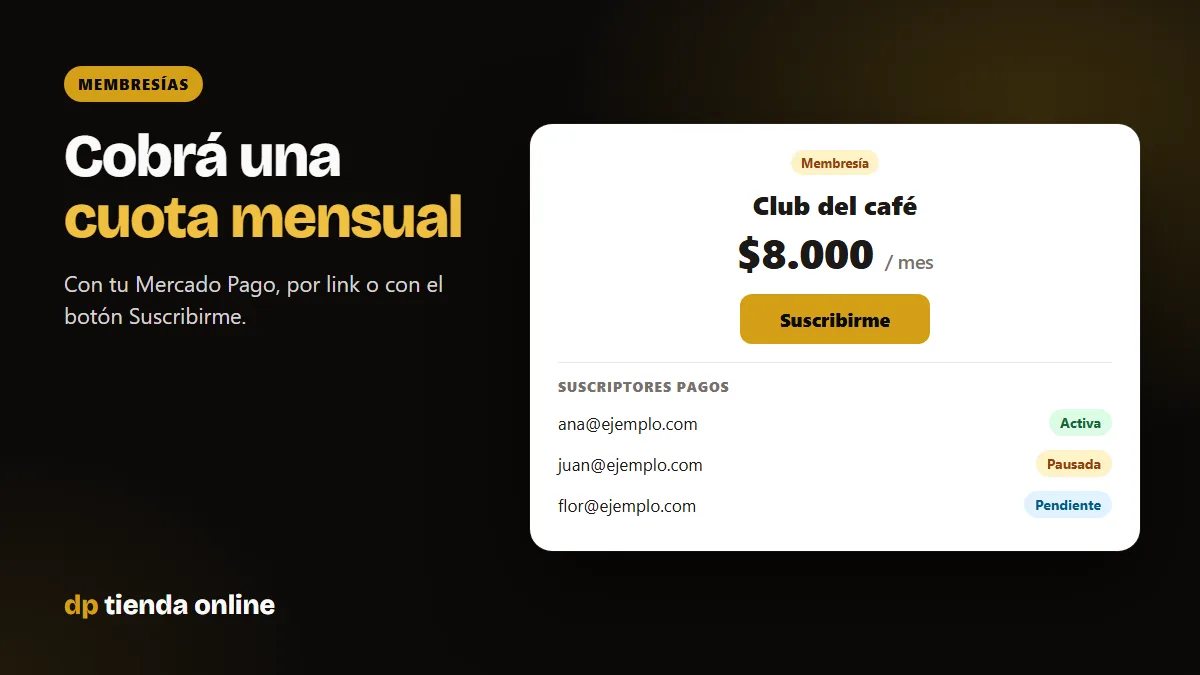 Plan de membresía de $8.000 por mes con botón Suscribirme y socios activos, pausados y pendientes