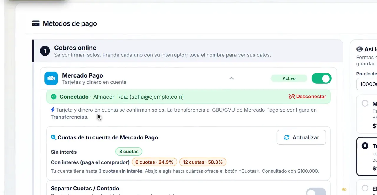 Pagos en el panel: Mercado Pago conectado y las cuotas de la cuenta, 3 sin interés y 6 y 12 con interés