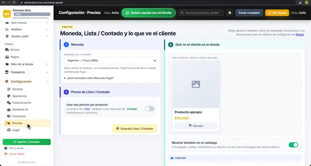 Configuración, Precios en el panel: selector Moneda de la tienda con Argentina, Pesos (ARS) y la vista previa del producto
