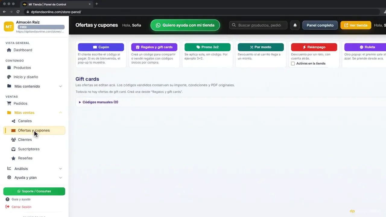 Panel de DP Tienda Online en Ofertas y cupones, con los botones Cupón, Regalos y gift cards, Promo 3x2 y Por monto