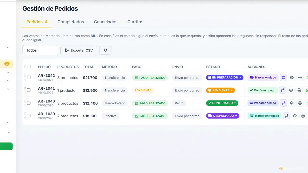 Gestión de Pedidos del panel con el aviso de que las ventas de Mercado Libre entran como ML-