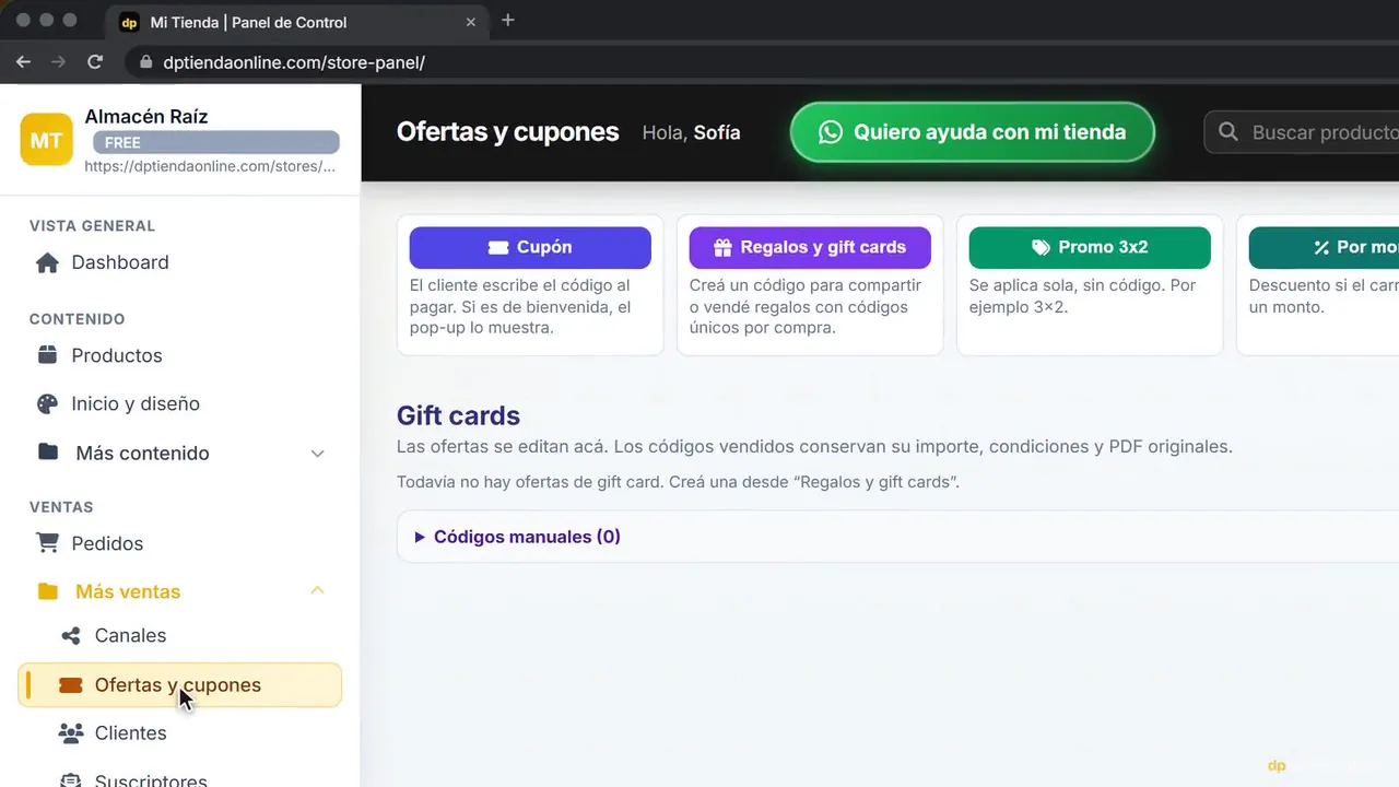 Ofertas y cupones en el panel con el botón Regalos y gift cards y la sección Gift cards