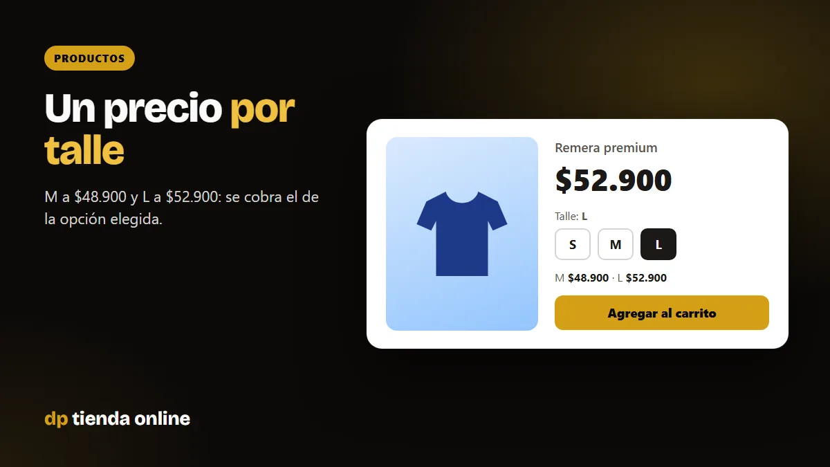 Ficha de una remera con talle L elegido a $52.900 y talle M a $48.900