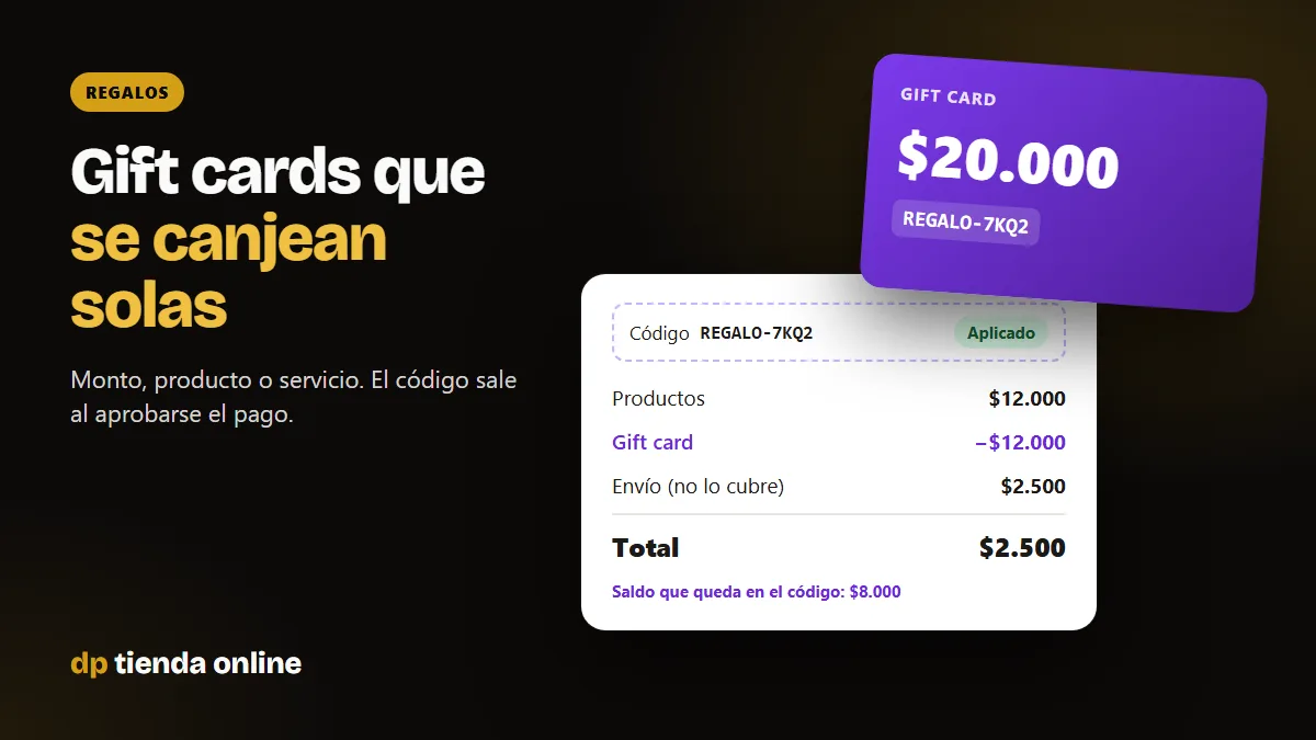 Gift card de $20.000 canjeada en el checkout: cubre $12.000 de productos y quedan $8.000 de saldo