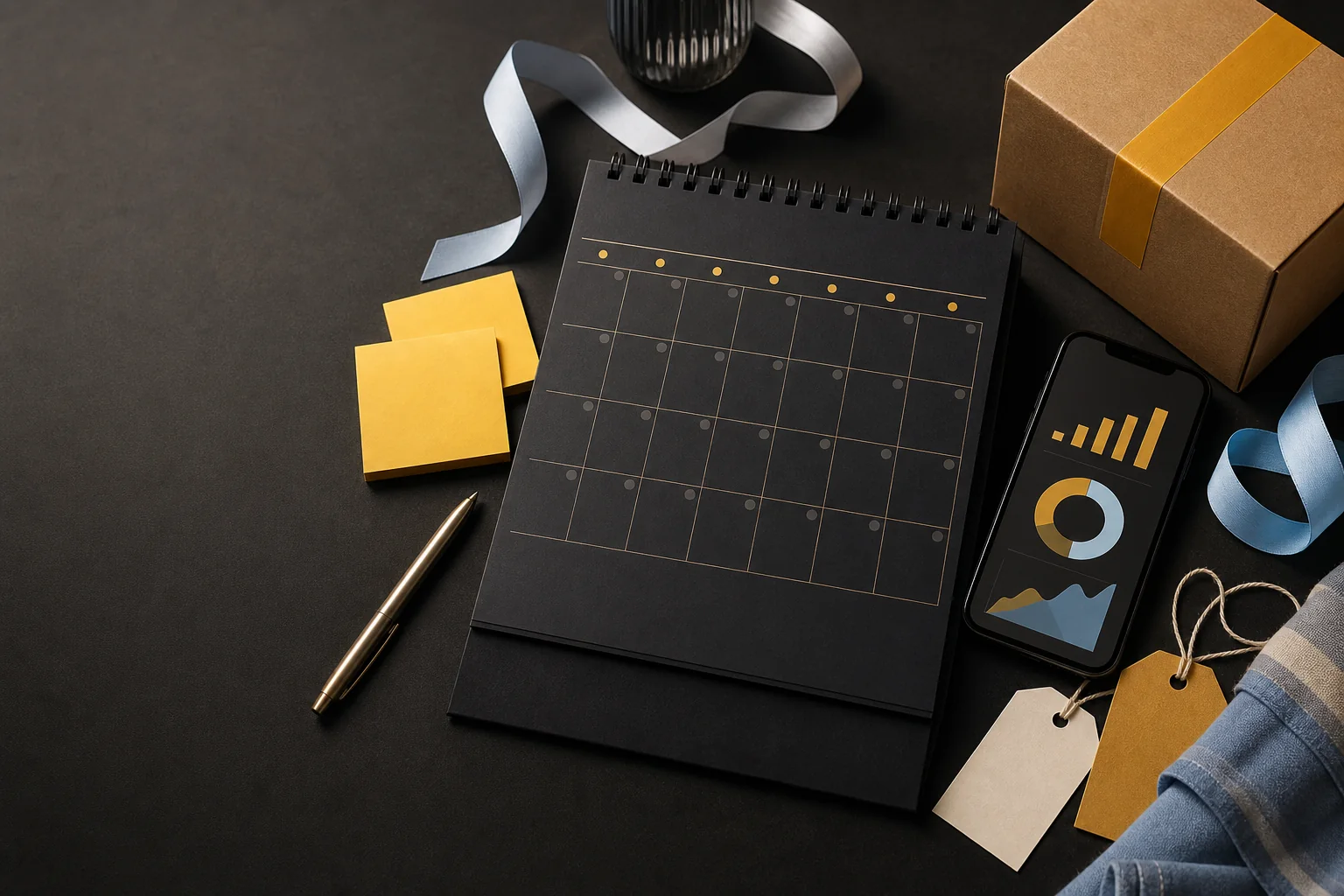 Calendario ecommerce sobre escritorio con paquete, etiquetas y métricas
