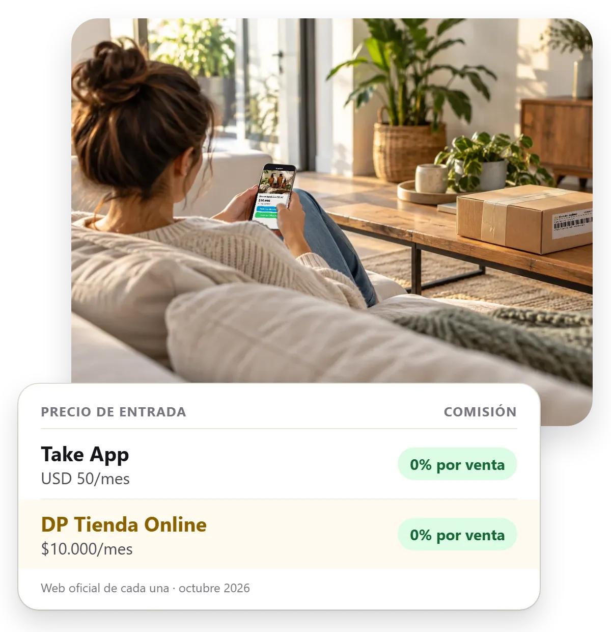 Comparación de Take App y DP Tienda Online: precio, comisión y plan gratis