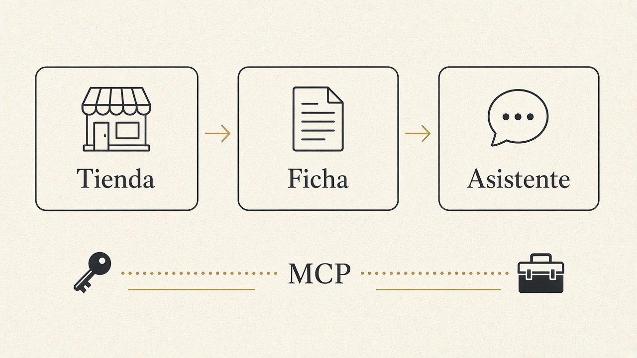 Diagrama en tres pasos: Tienda, Ficha y Asistente, con MCP aparte