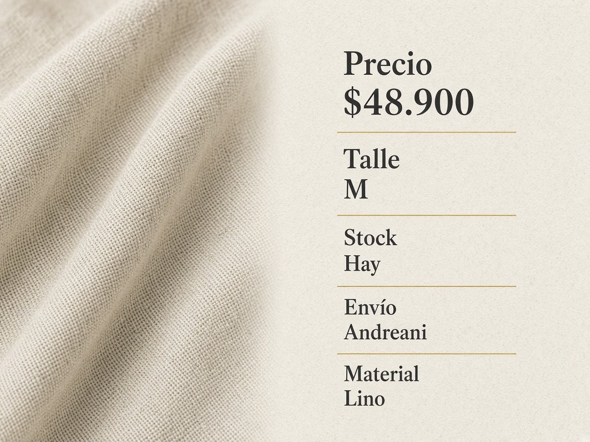 Ejemplo de ficha: lino, precio 48.900 pesos, talle M, stock y envío Andreani
