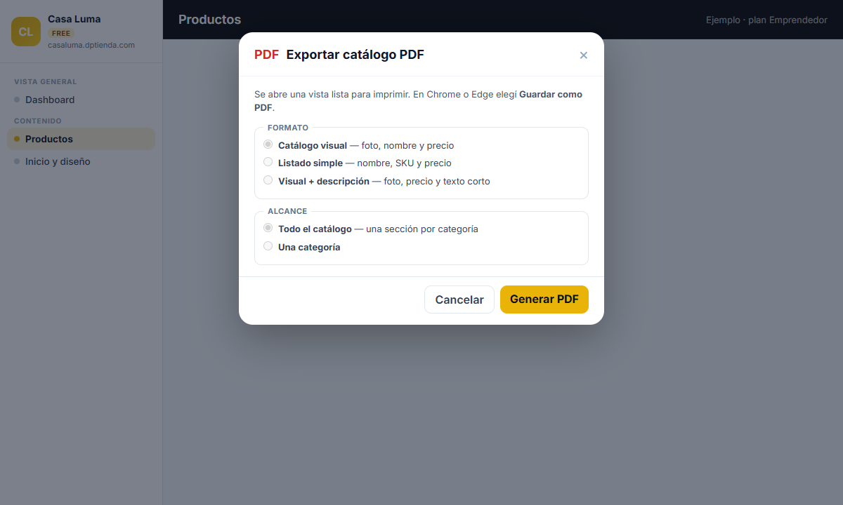 Ventana del panel para elegir catálogo visual o listado y generar el PDF