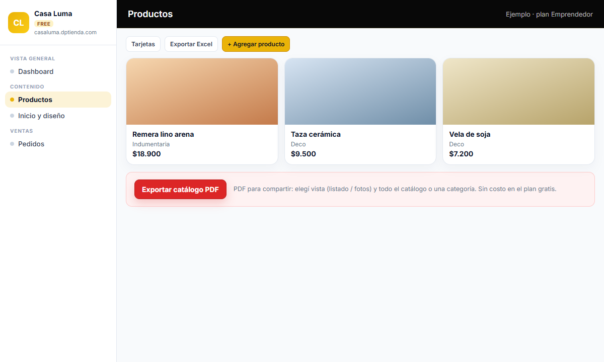 Panel de ejemplo Casa Luma, plan gratis: listado de productos y botón rojo Exportar catálogo PDF