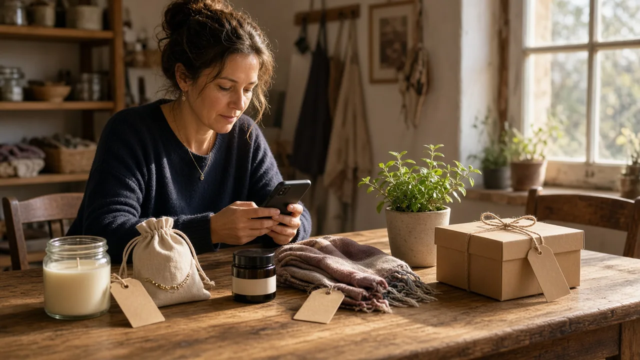 Emprendedora fotografiando con el celular velas, bijou, un frasco, una bufanda, una planta y una caja de regalo