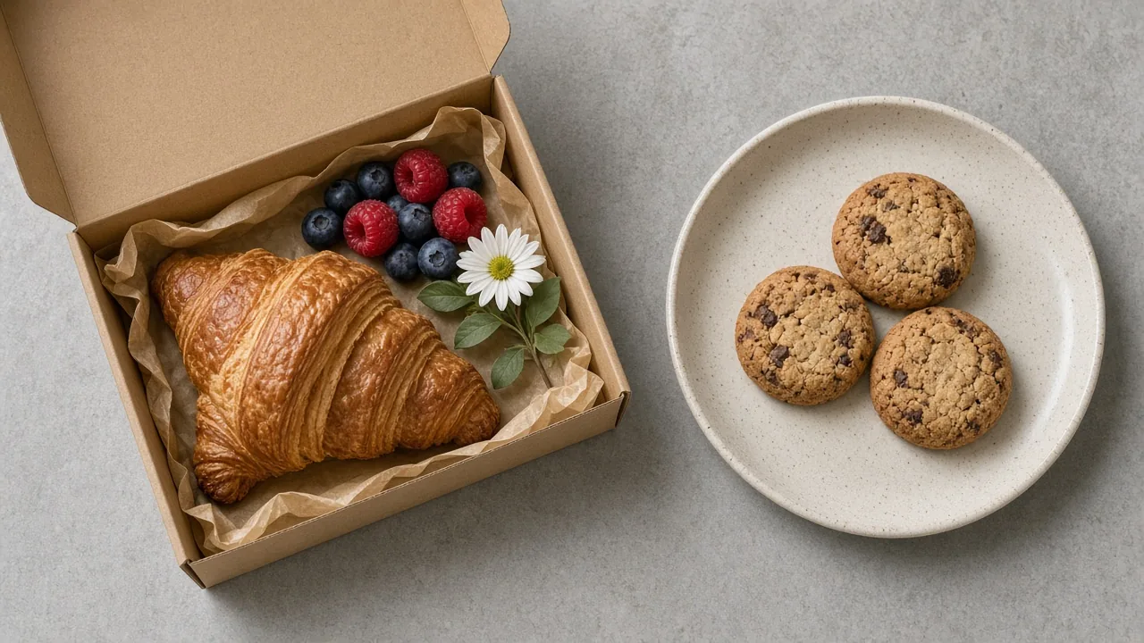Caja de desayuno abierta con medialuna, frutos rojos, una flor y café, junto a cookies para retirar