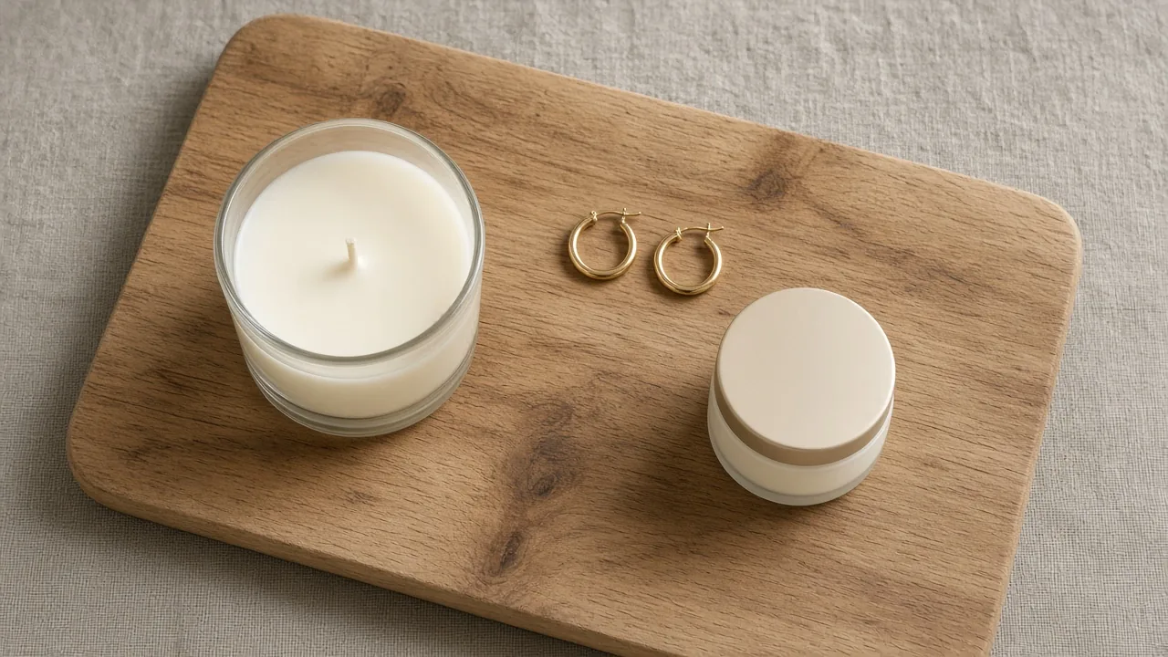 Vela de soja, aros simples y frasco de cosmética sobre una tabla de madera
