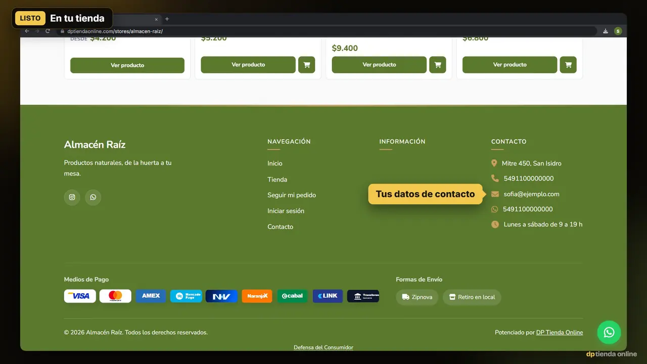 Captura del panel: whatsapp y datos de contacto