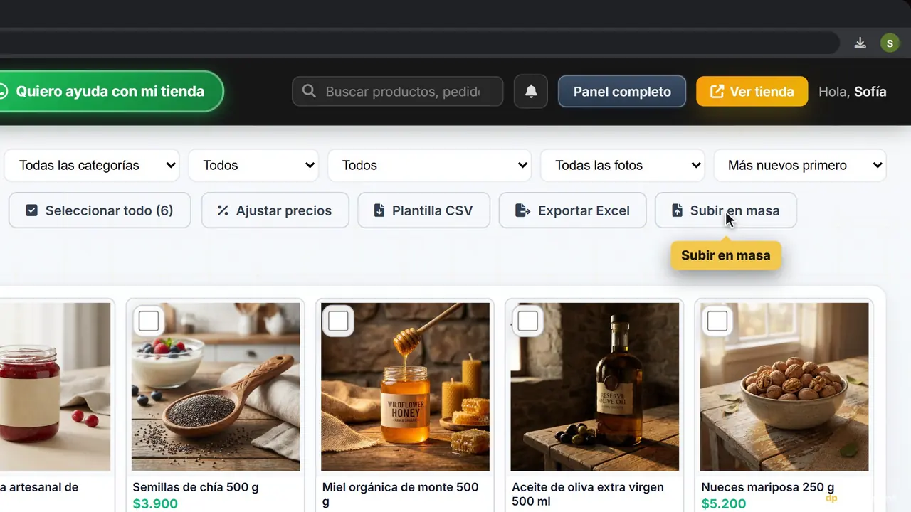 Captura del panel: cargar un producto
