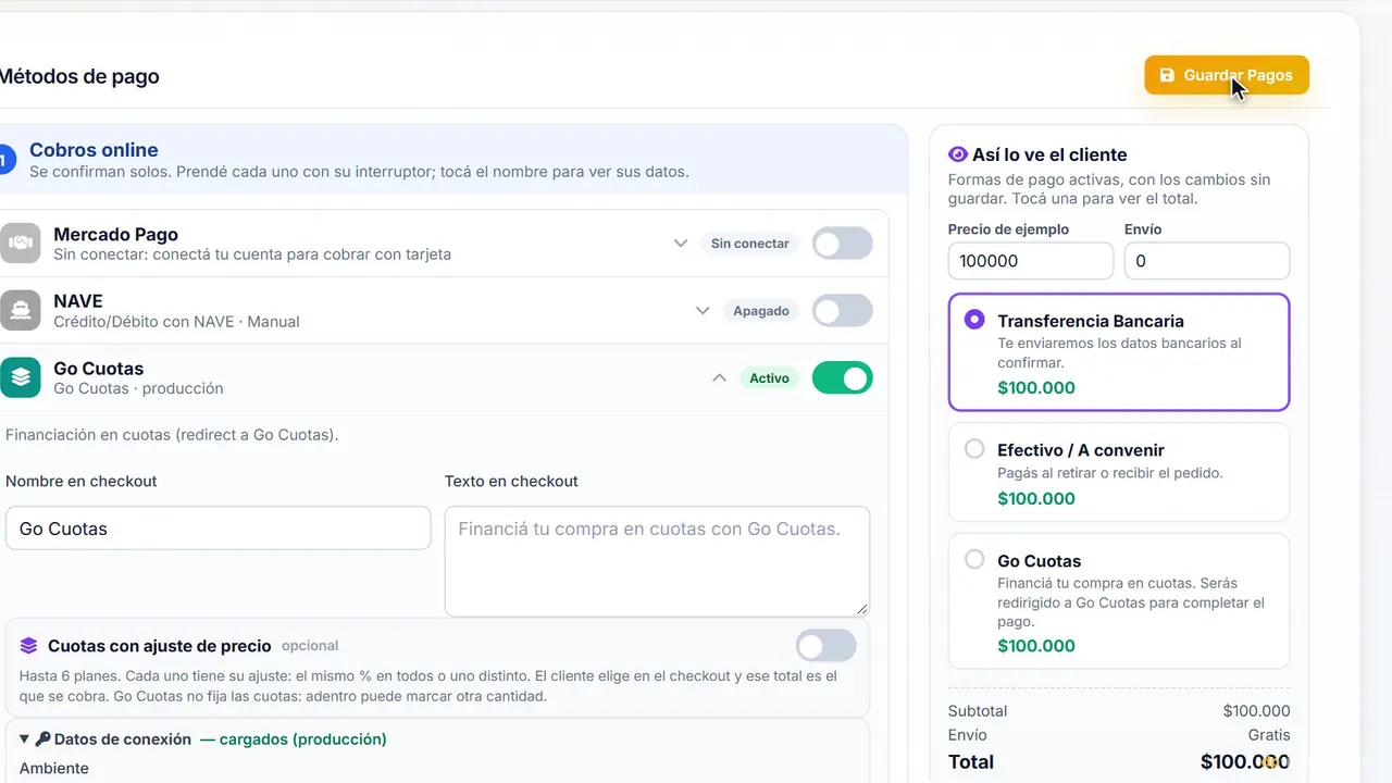 Captura del panel: conectar go cuotas