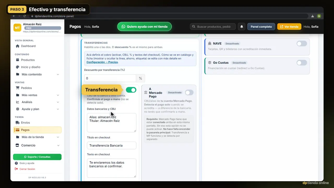 Captura del panel: conectar mercado pago