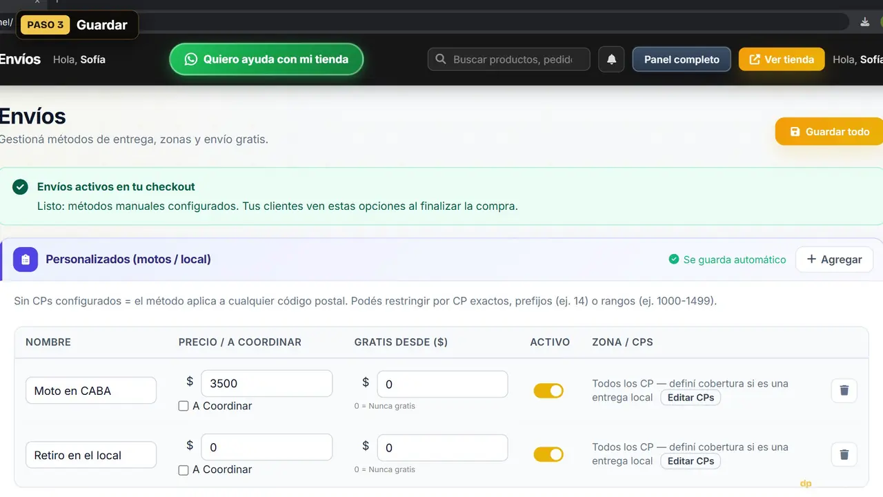 Captura del panel: configurar los envíos