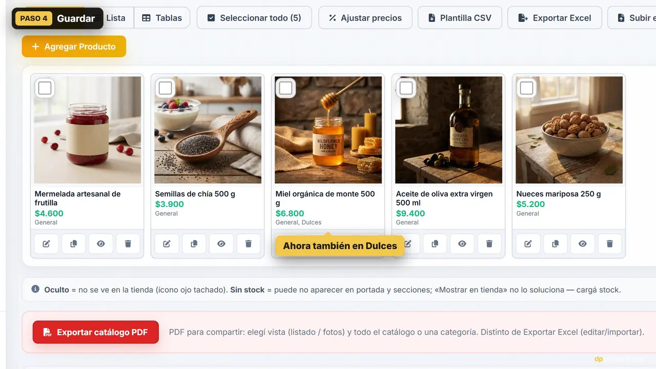 Captura del panel: usar las categorías