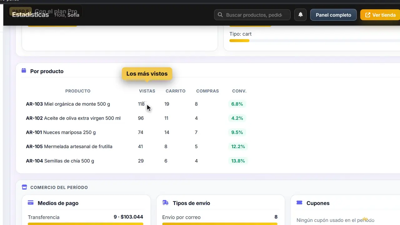 Captura del panel: visitas y ventas