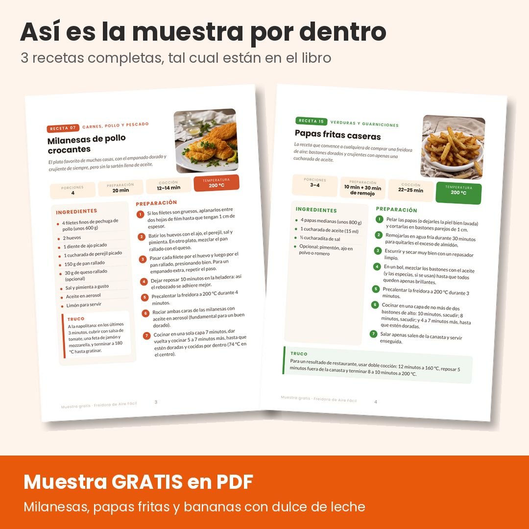 Muestra gratis: 3 recetas freidora de aire (PDF). Crujiente sin Aceite