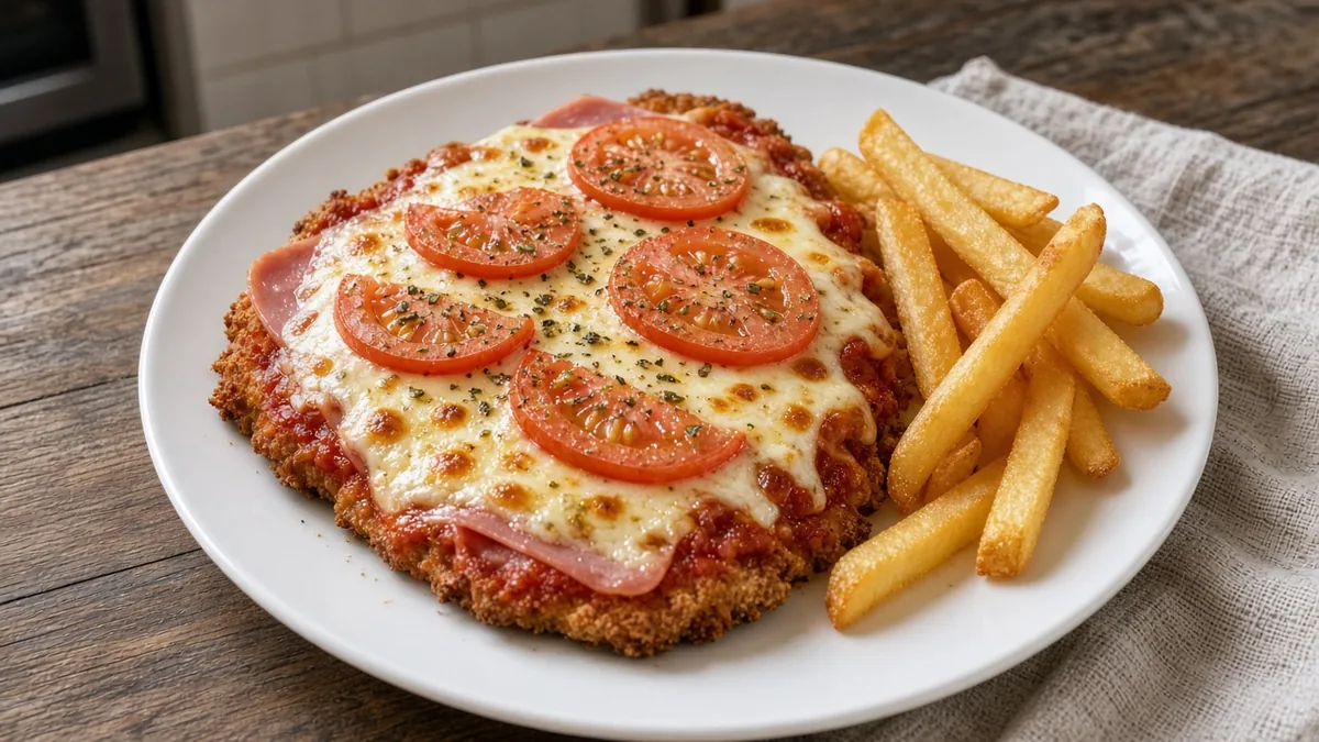 Milanesa napolitana con papas hecha en freidora de aire